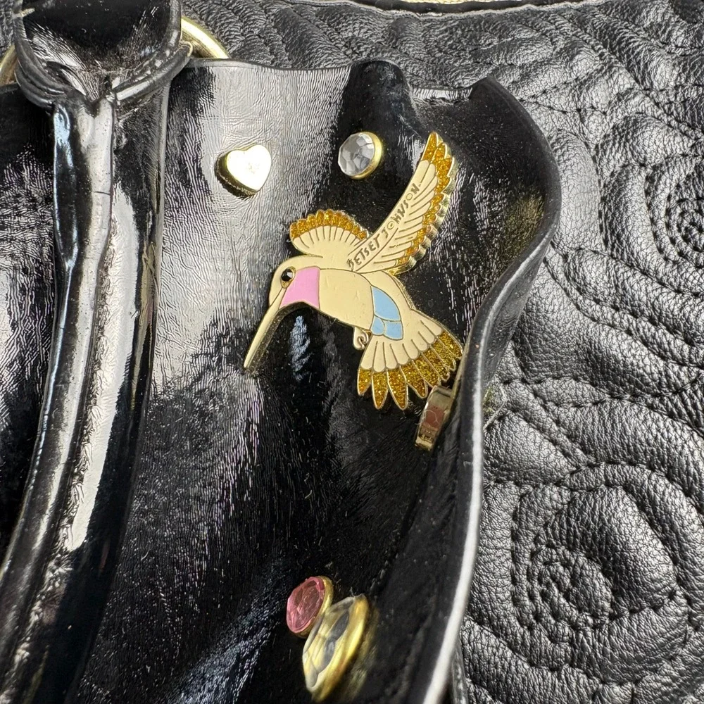 Betsey Johnson Black Rose Embossed Satchel Bag with Oversized Studded Bow
